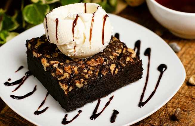 Brownie with Vanilla ice cream  on a plate